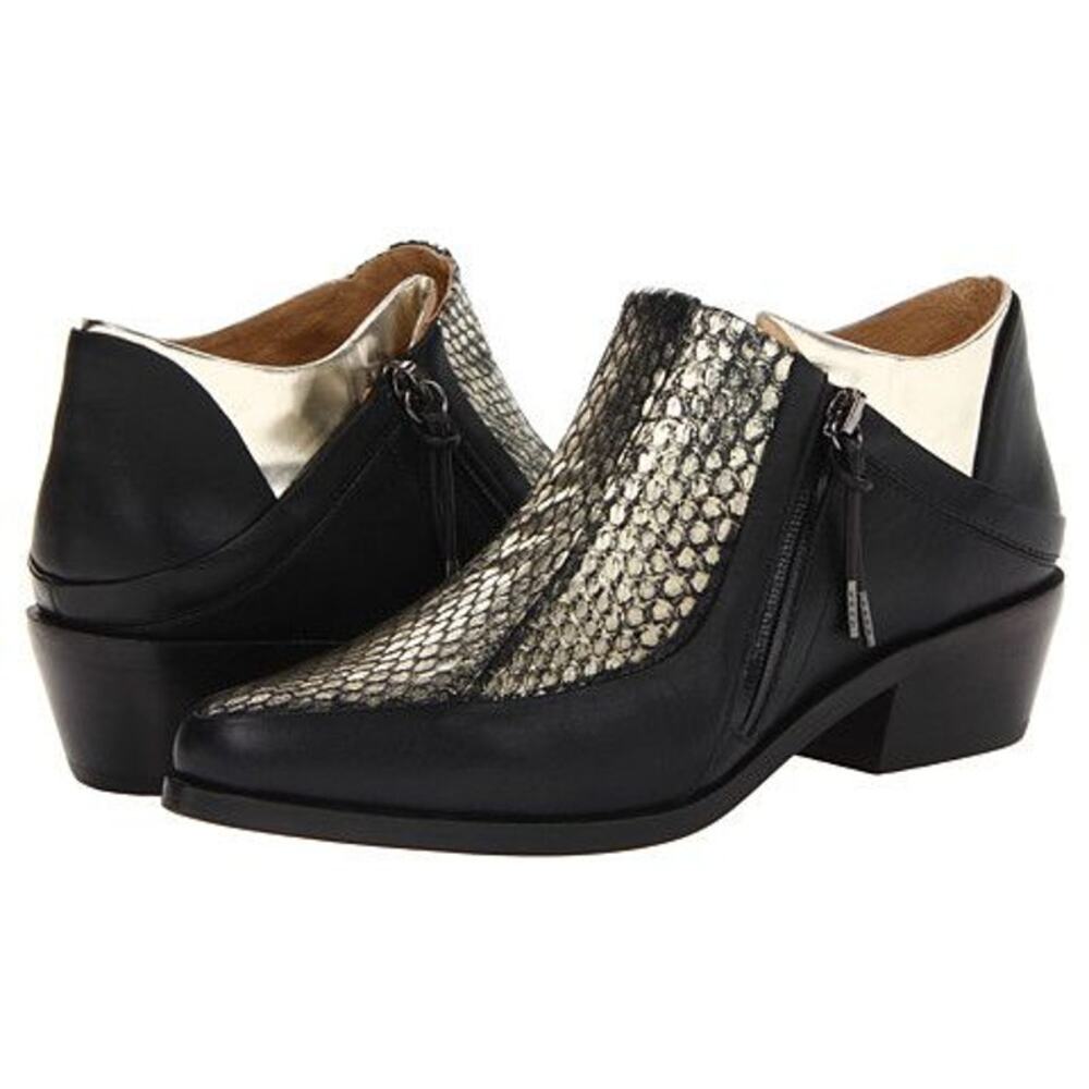 L.A.M.B. Black and Metallic Snake-Print Leather Ankle Booties
